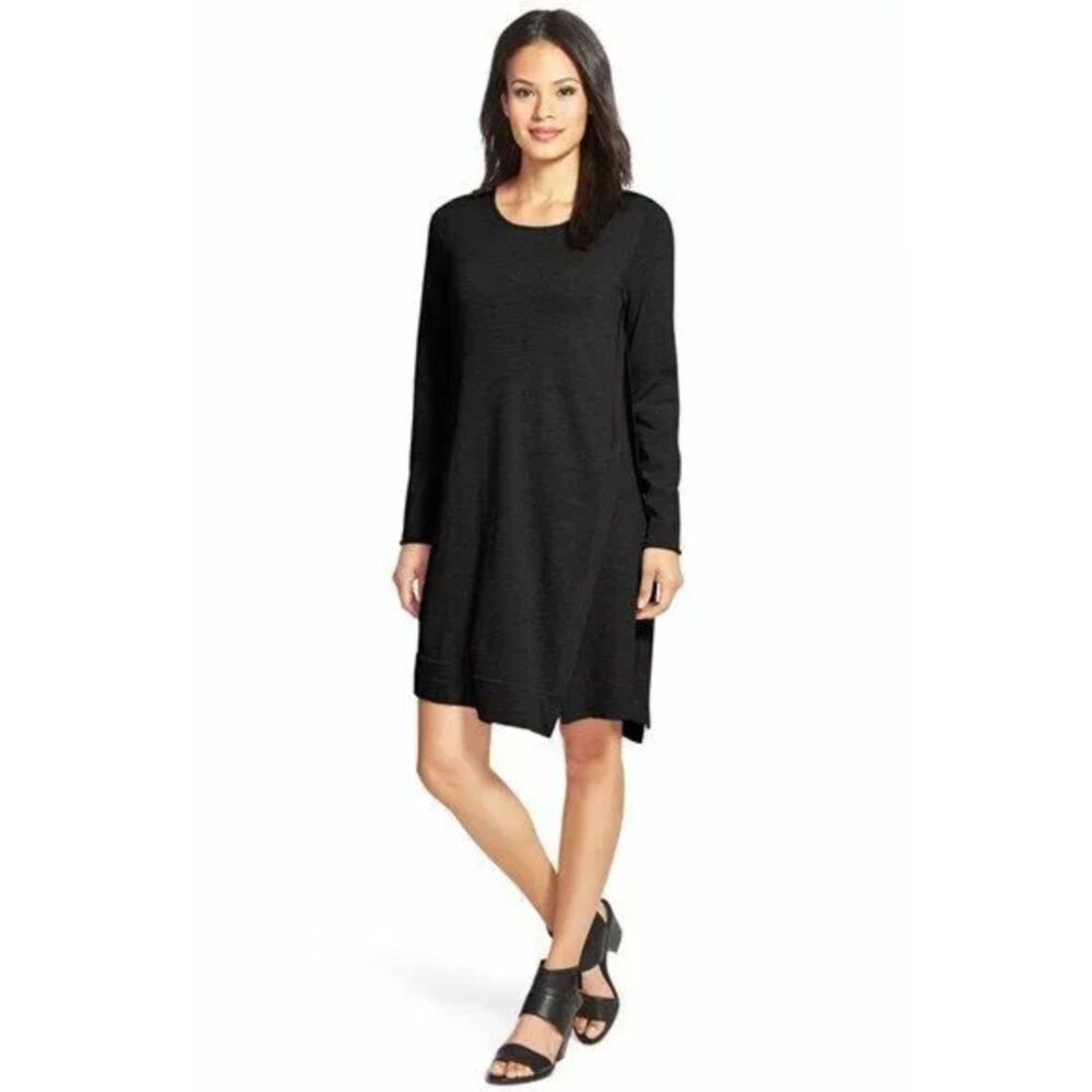 Eileen Fisher Womens Long Sleeve Merino Wool Dress Asymmetrical Hem Sz Large